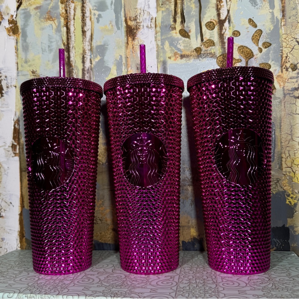 Starbucks Sangria Metallic Chrome Studded Bling Tumbler Bundle